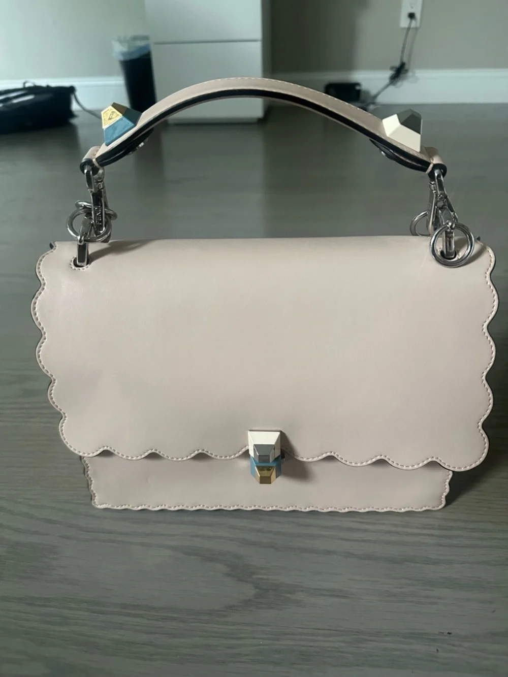 Fendi Cream Scalloped Leather Shoulder Bag with Blue and Gold Hardware - Picture 5 of 9